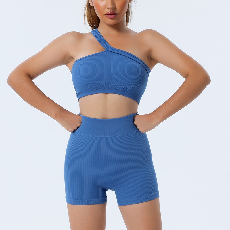 2 Piece Seamless Sexy One Shoulder Sport Bra and High Waist Shorts