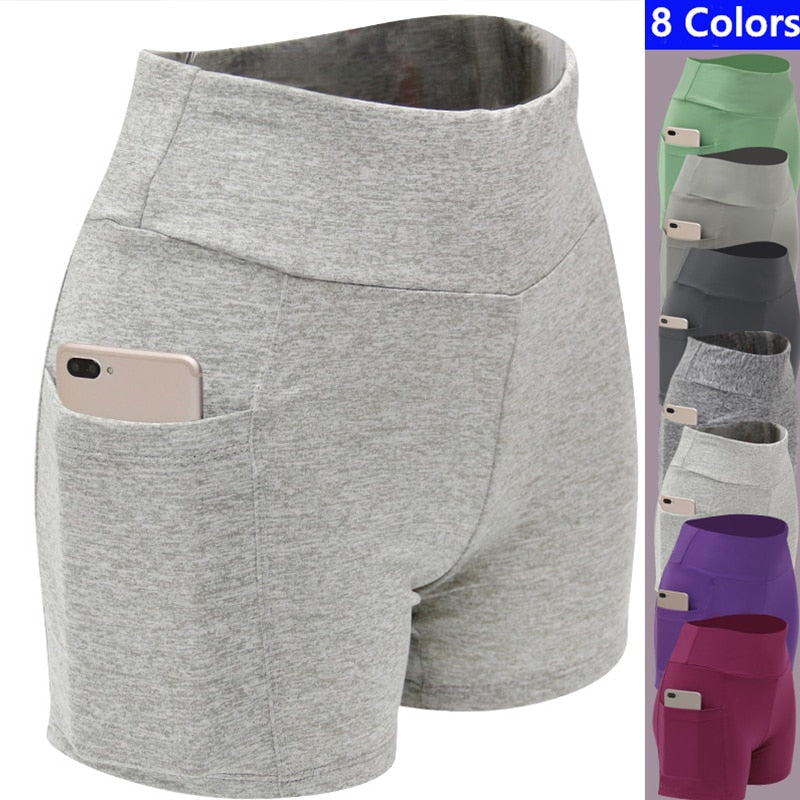 Pantalones cortos de fitness/cintura alta/estiramiento alto con bolsillo para teléfono